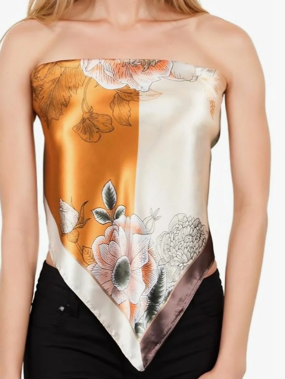 Womens Silk-Like Satin Scarf Features A Diagonal Orange And Cream Floral Pattern